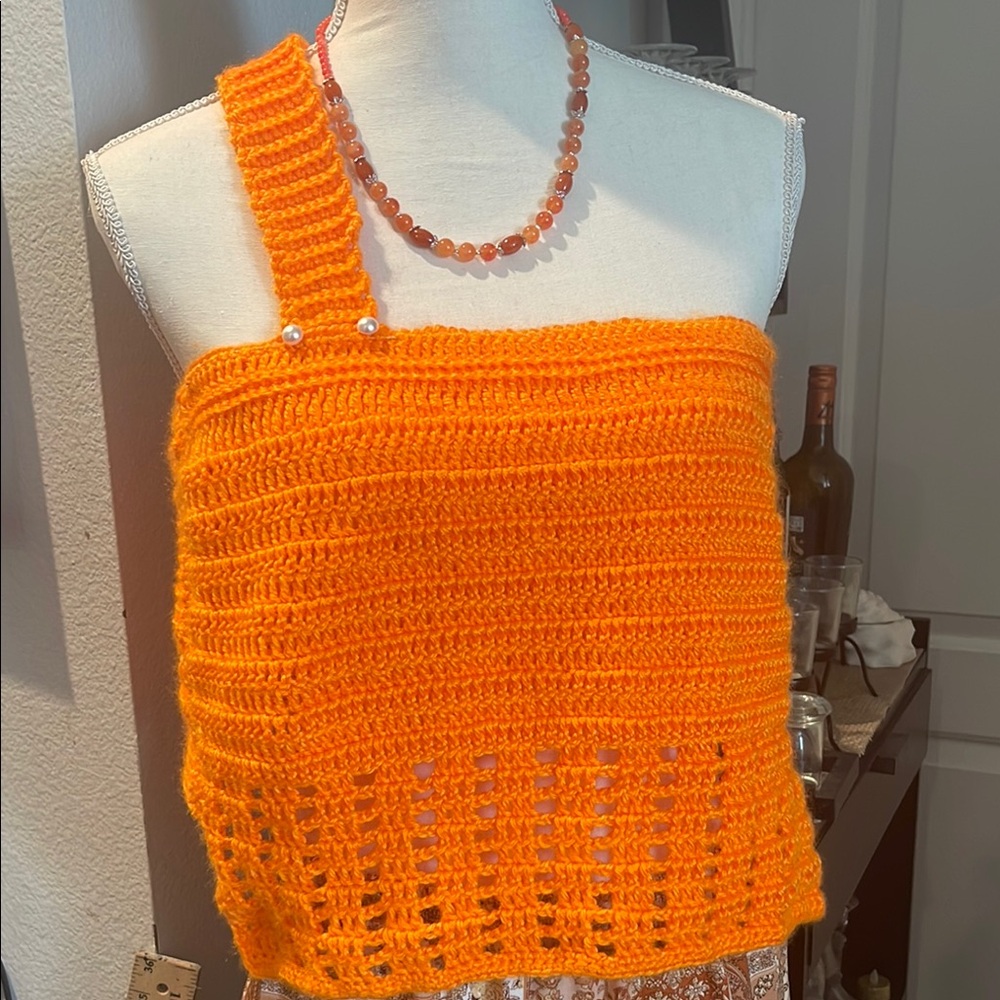 Orange Crochet One-Shoulder Top